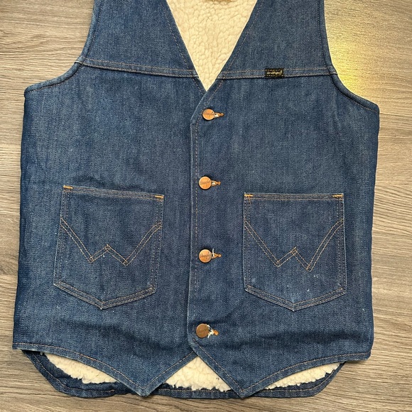 Vintage Wrangler Denim Vest Men Size S Blue Sherpa Lined No Fault VL200NV 70s80s - Picture 2 of 8